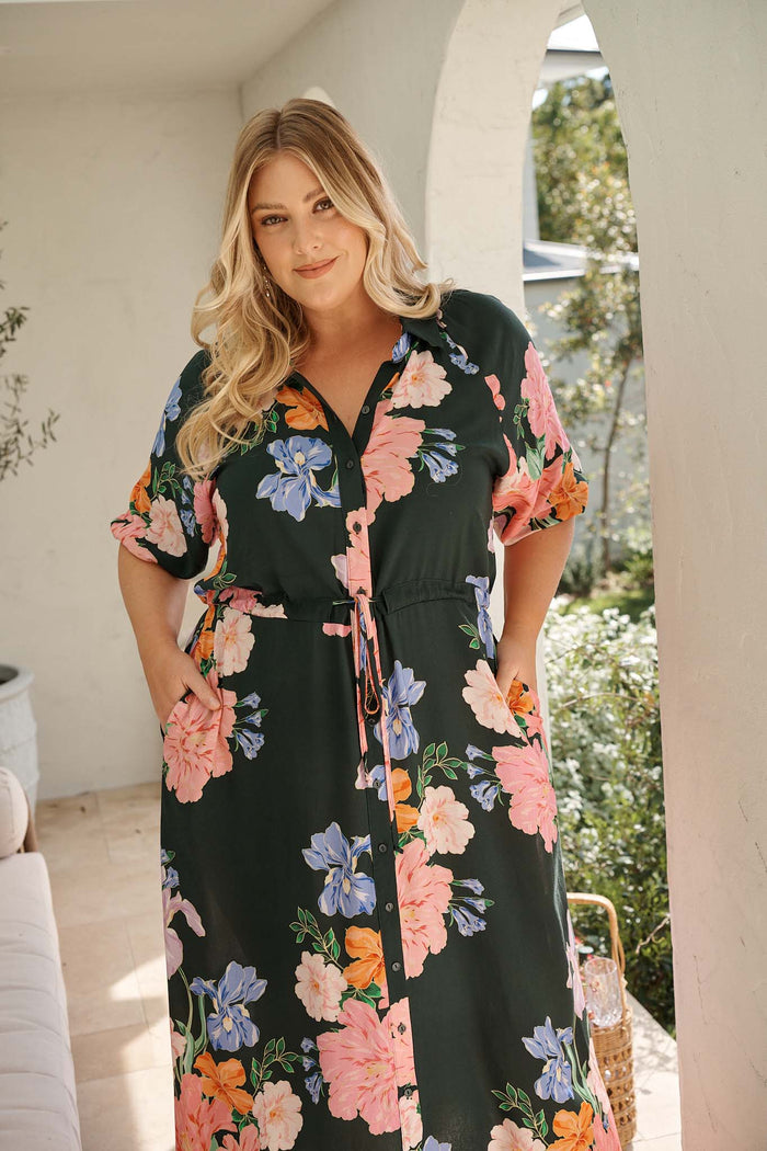 Isla Botanica Midi Shirt Dress in Green with Multi Floral campaign front