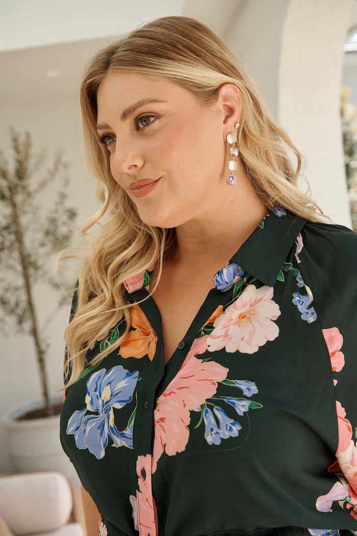 Liana Drop Earrings In Multi Gold campaign on model side