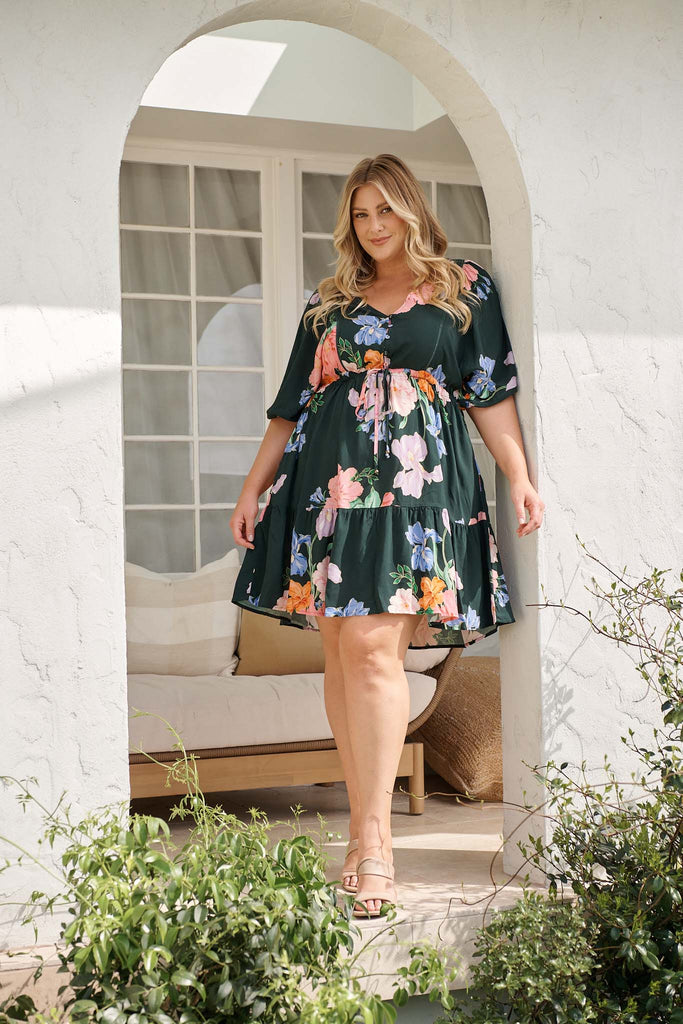 Celeste Petal Dress in Green with Multi Floral campaign full length