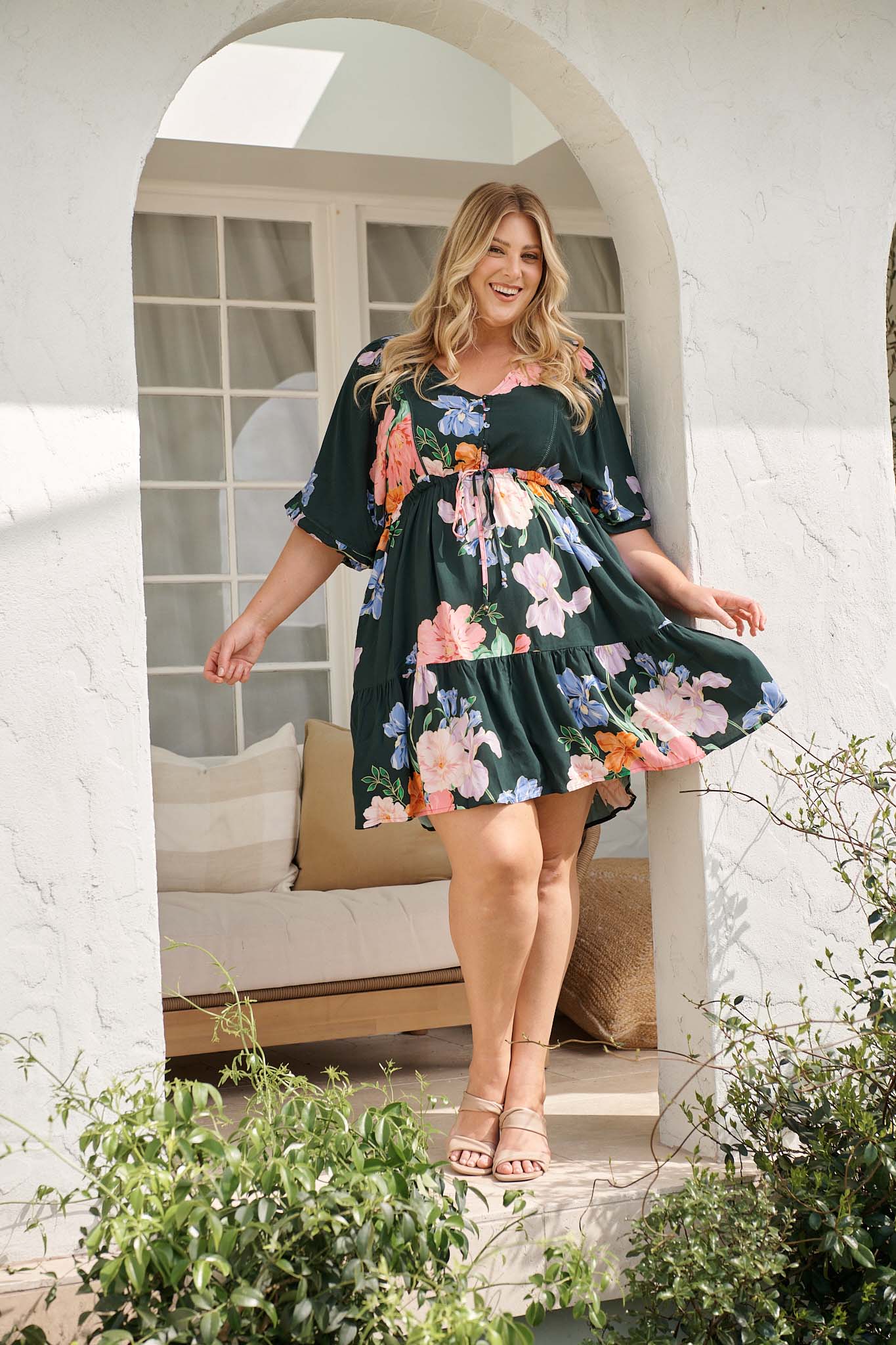 Celeste Petal Dress in Green with Multi Floral campaign full length