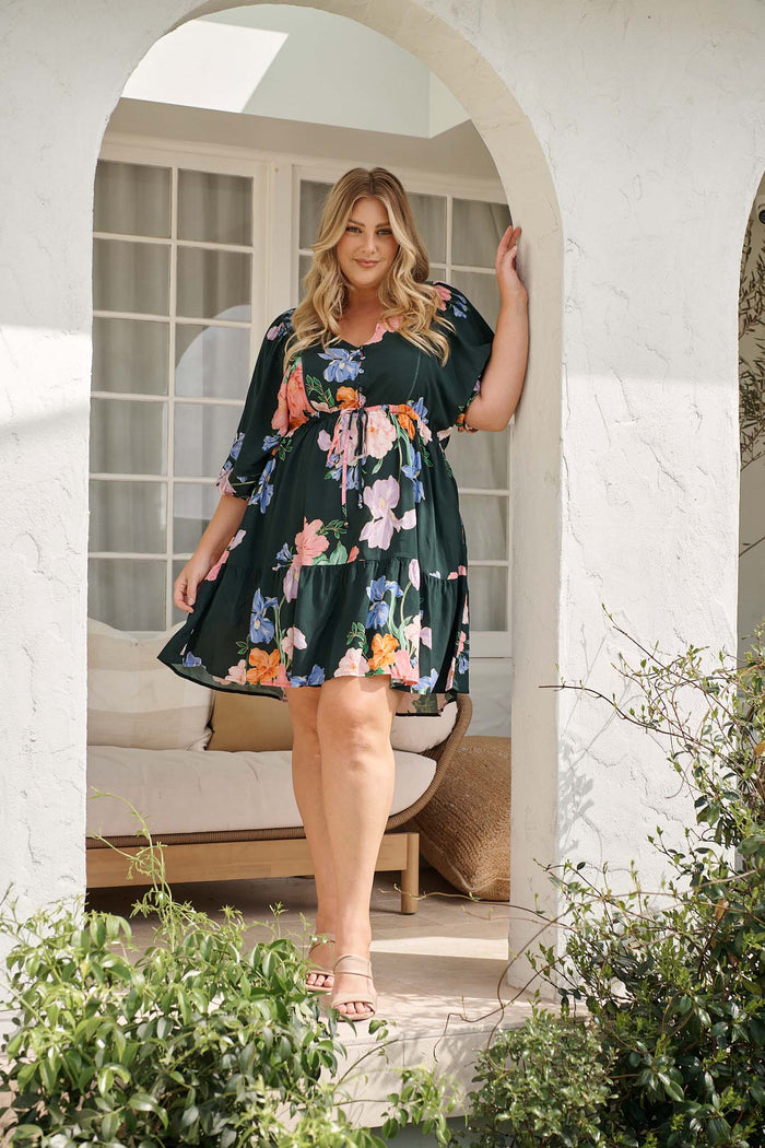 Celeste Petal Dress in Green with Multi Floral campaign full length