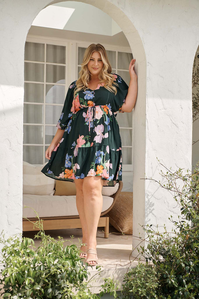 Celeste Petal Dress in Green with Multi Floral campaign full length
