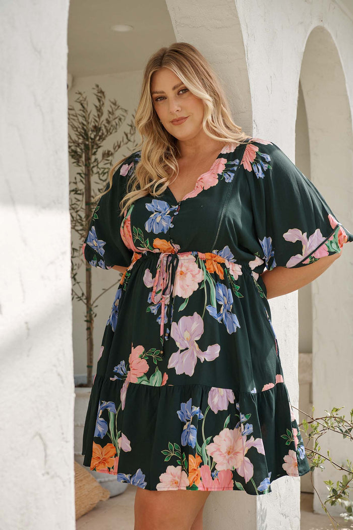 Celeste Petal Dress in Green with Multi Floral  campaign front