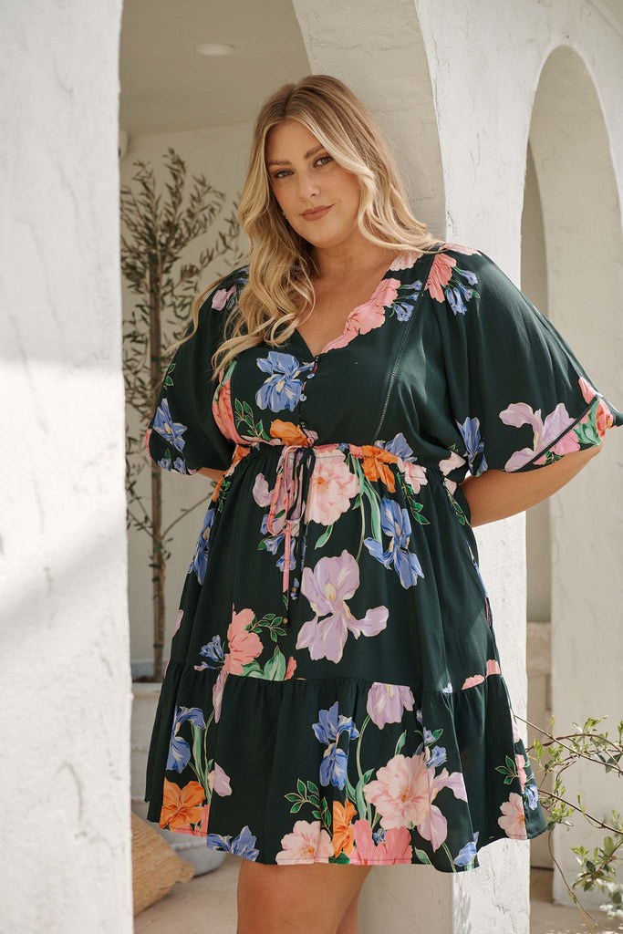 Celeste Petal Dress in Green with Multi Floral  campaign front