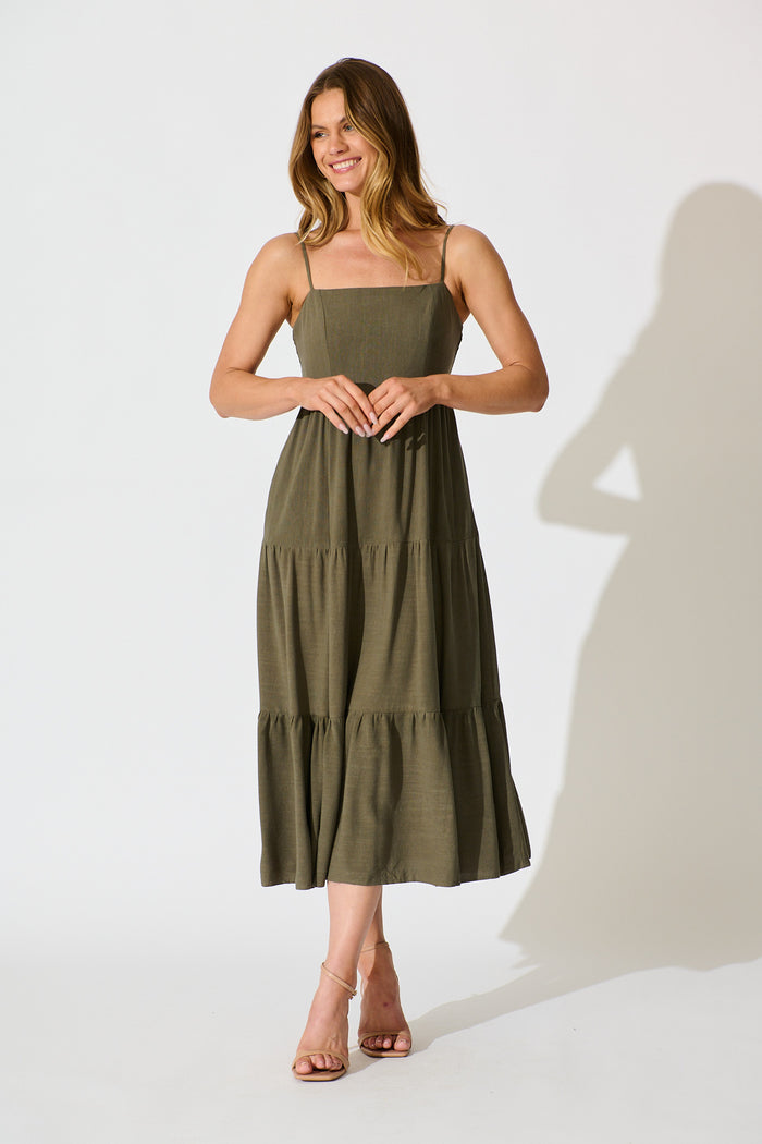 Heavenly Midi Sundress Khaki Linen Blend | St Frock Heavenly Midi Sundress Khaki Linen Blend | St Frock