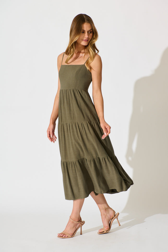 Heavenly Midi Sundress In Khaki Linen Blend side