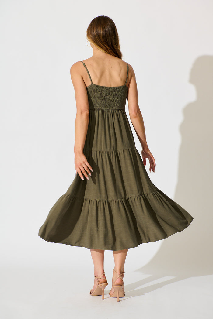 Heavenly Midi Sundress In Khaki Linen Blend back
