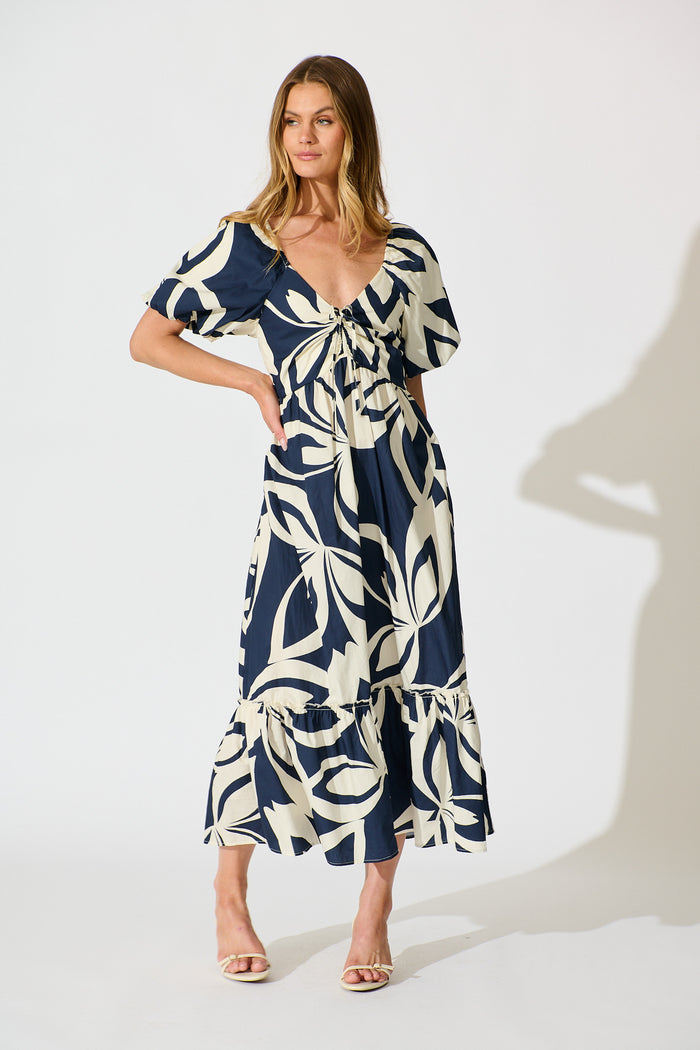 Mirna Maxi Dress in Navy with Cream Leaf Print Cotton full length