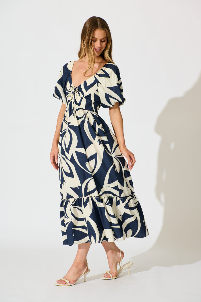 Mirna Maxi Dress in Navy with Cream Leaf Print Cotton side