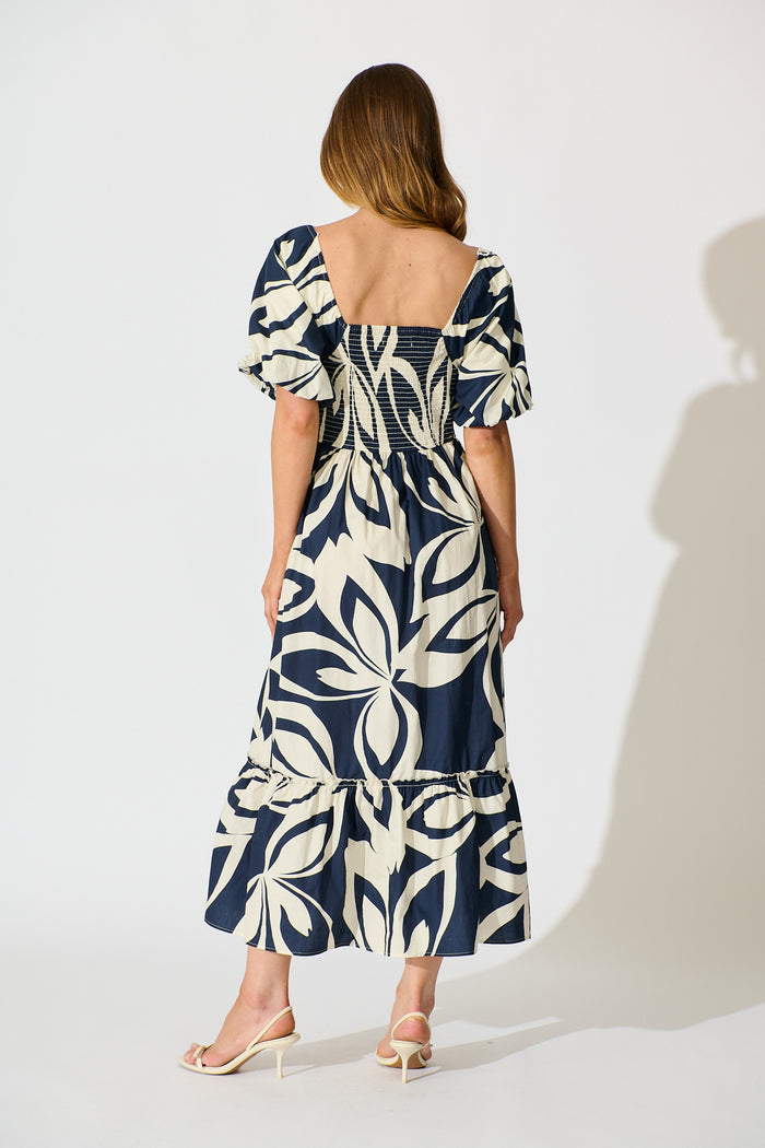 Mirna Maxi Dress in Navy with Cream Leaf Print Cotton back