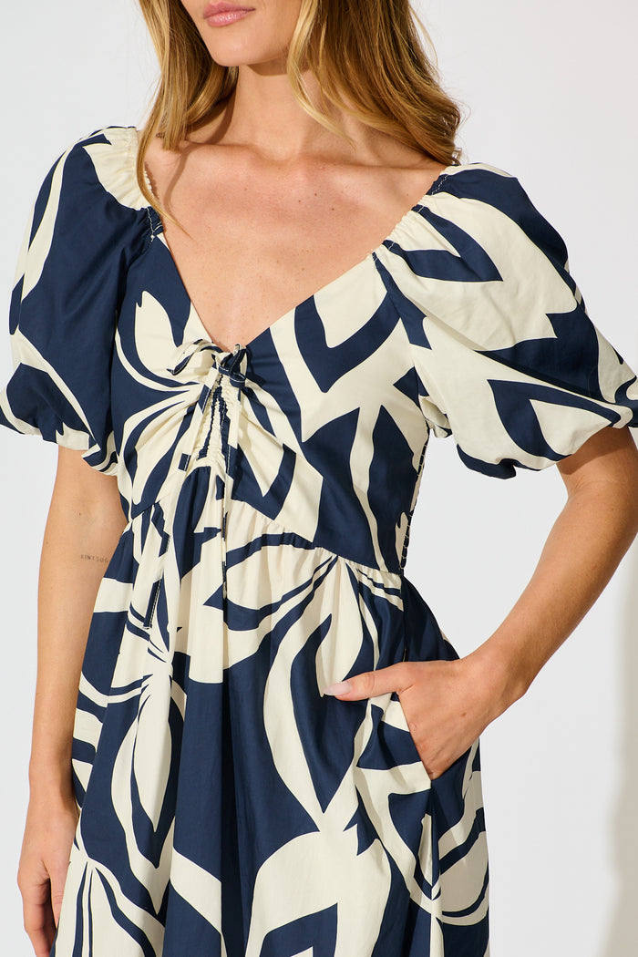 Mirna Maxi Dress in Navy with Cream Leaf Print Cotton detail