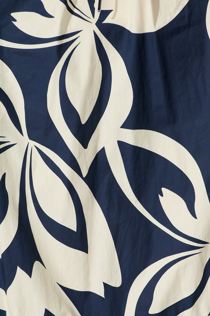Mirna Maxi Dress in Navy with Cream Leaf Print Cotton fabric