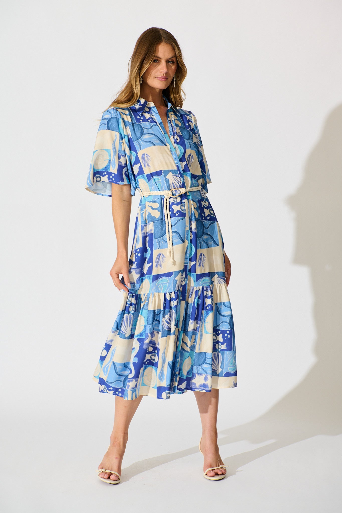 Cera Midi Shirt Dress in Blue Sea Shell Print full length