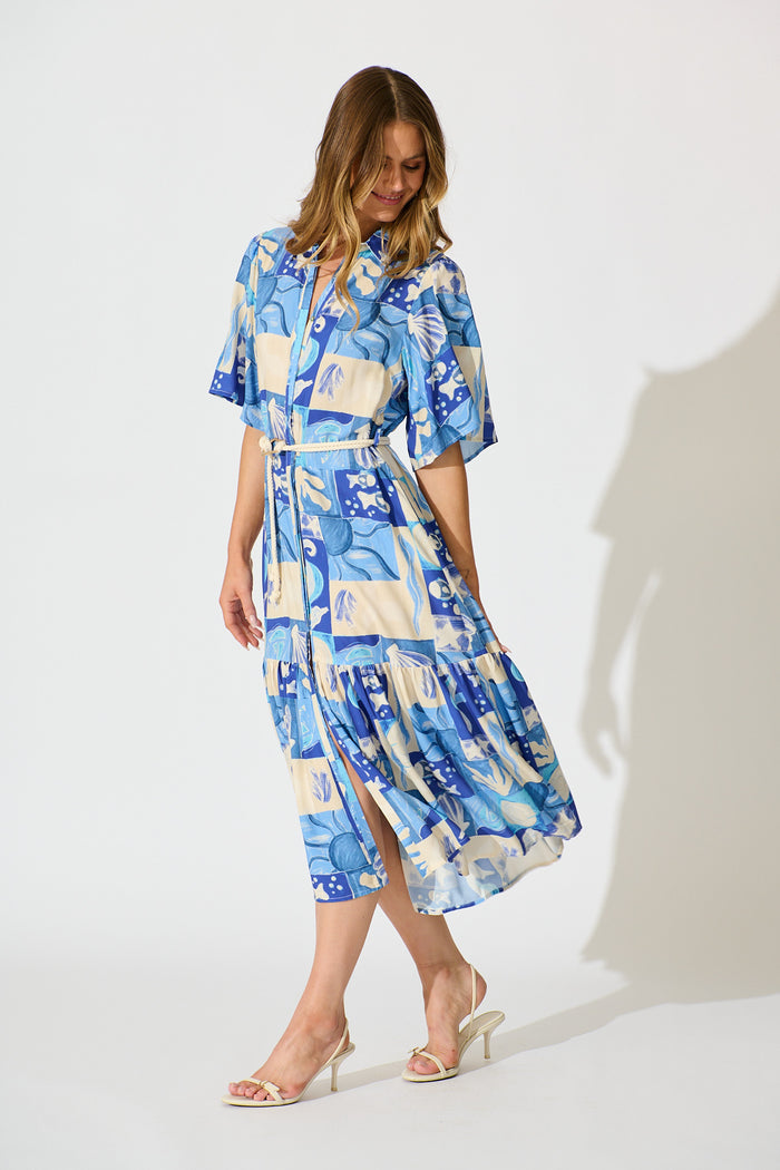 Cera Midi Shirt Dress in Blue Sea Shell Print side