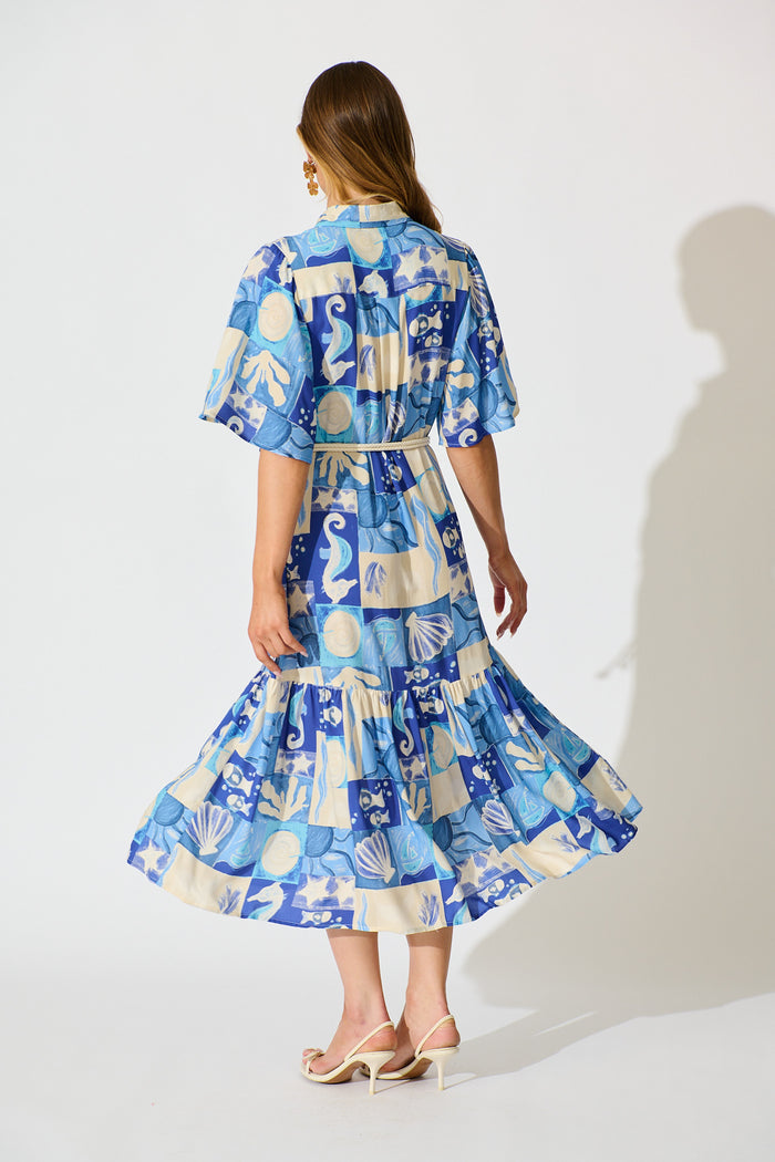Cera Midi Shirt Dress in Blue Sea Shell Print back