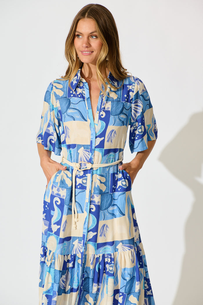 Cera Midi Shirt Dress in Blue Sea Shell Print front