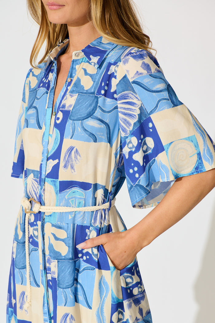 Cera Midi Shirt Dress in Blue Sea Shell Print detail