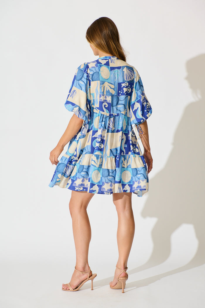 Emelyn Smock Dress in Blue Sea Shell Print back