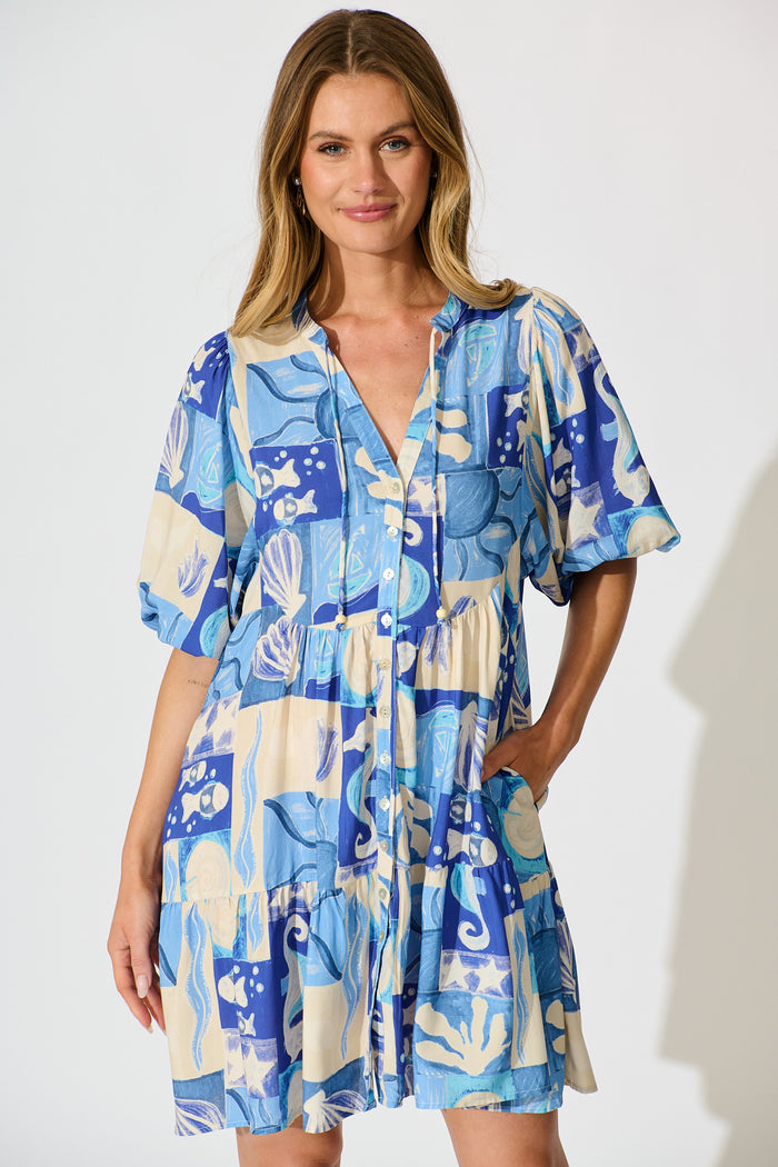 Emelyn Smock Dress in Blue Sea Shell Print front