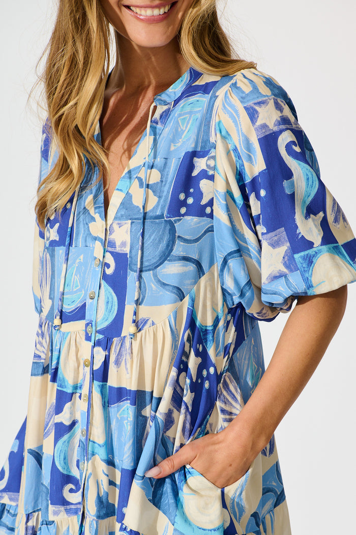 Emelyn Smock Dress in Blue Sea Shell Print detail