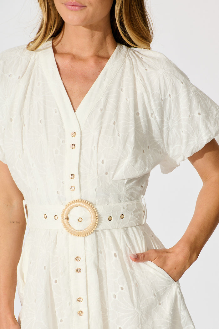 Eugena Dress in White Broderie Cotton detail