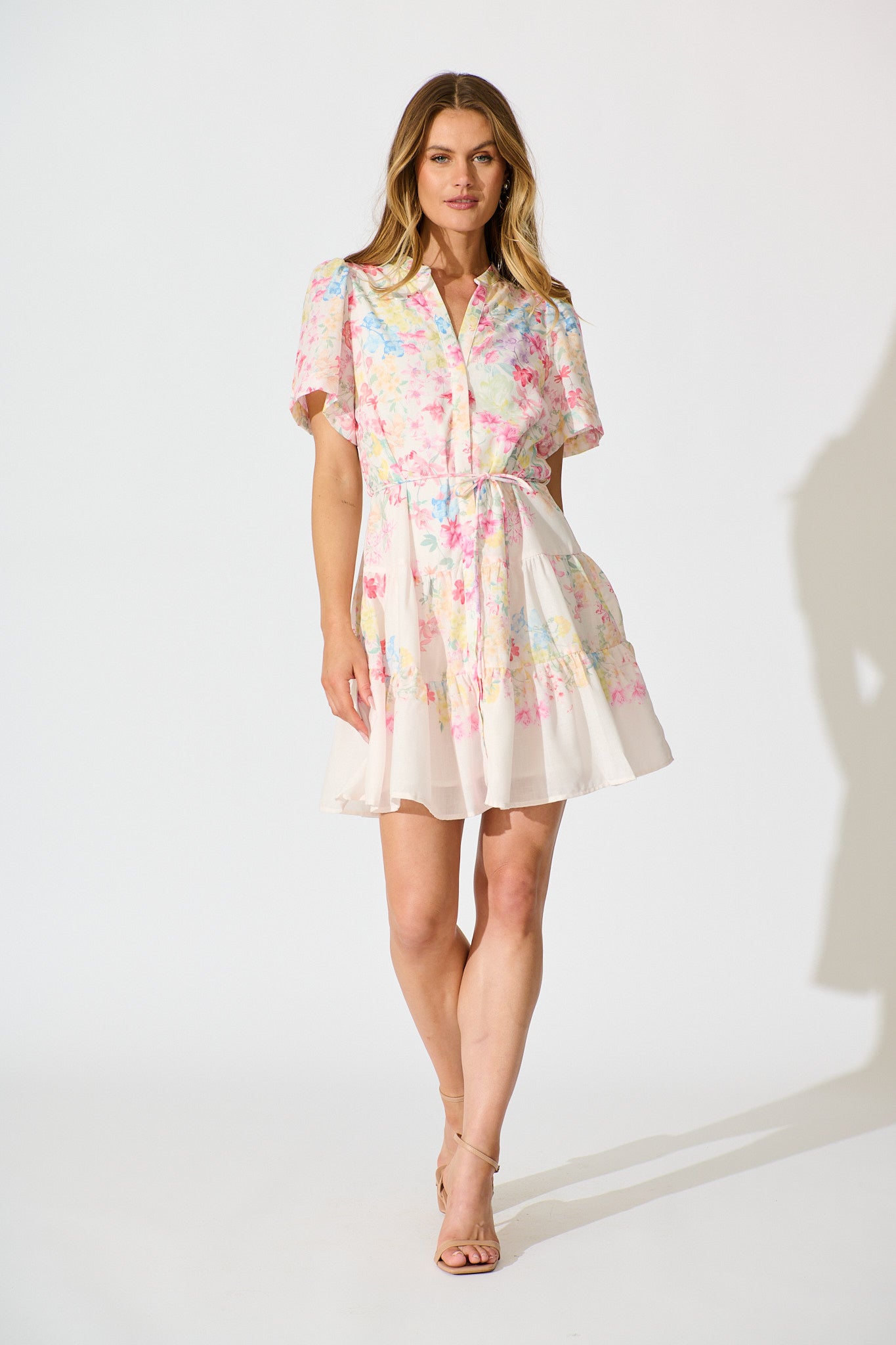 Karey Dress in White with Multi Pastel Floral Linen Blend full length