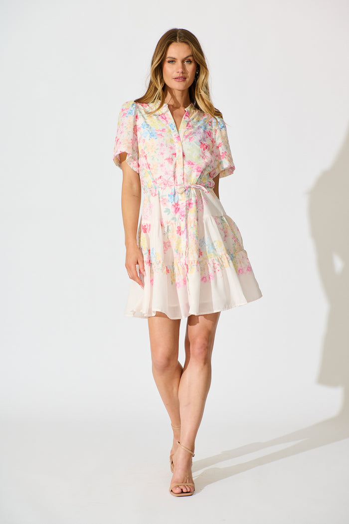 Karey Dress in White with Multi Pastel Floral Linen Blend full length
