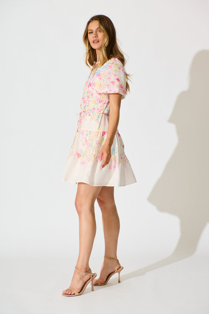 Karey Dress in White with Multi Pastel Floral Linen Blend side
