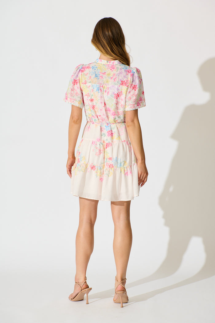 Karey Dress in White with Multi Pastel Floral Linen Blend back