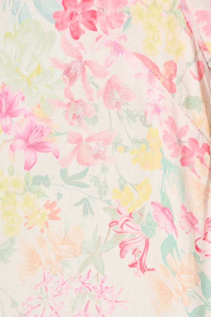 Karey Dress in White with Multi Pastel Floral Linen Blend fabric