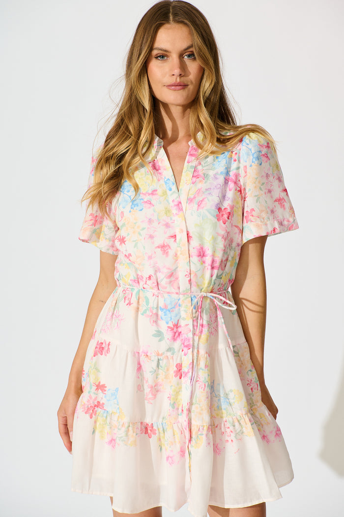Karey Dress in White with Multi Pastel Floral Linen Blend front
