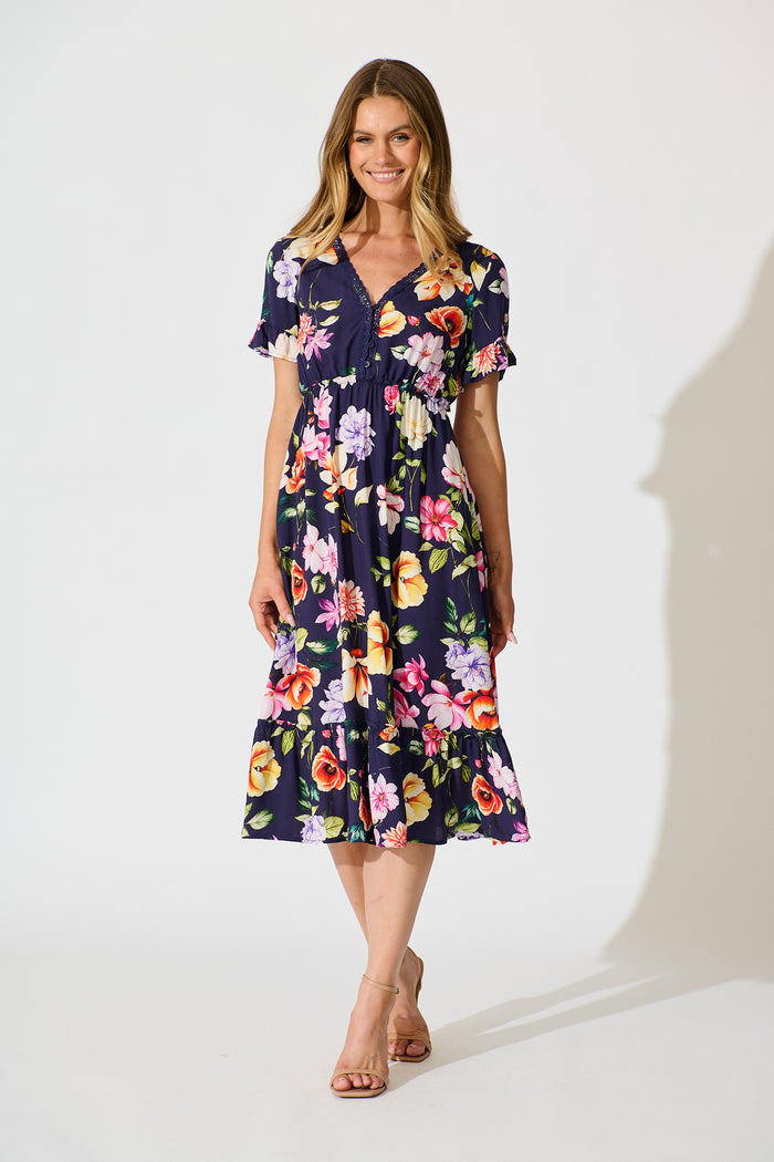 Zyla Midi Dress In Navy Floral full length