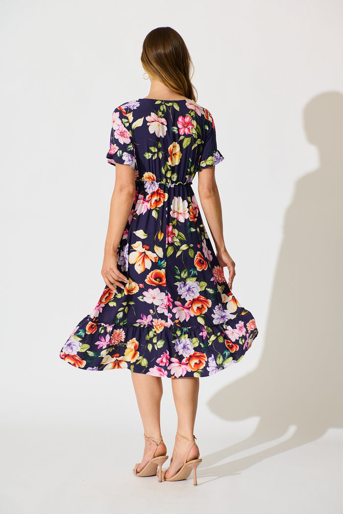 Zyla Midi Dress In Navy Floral back