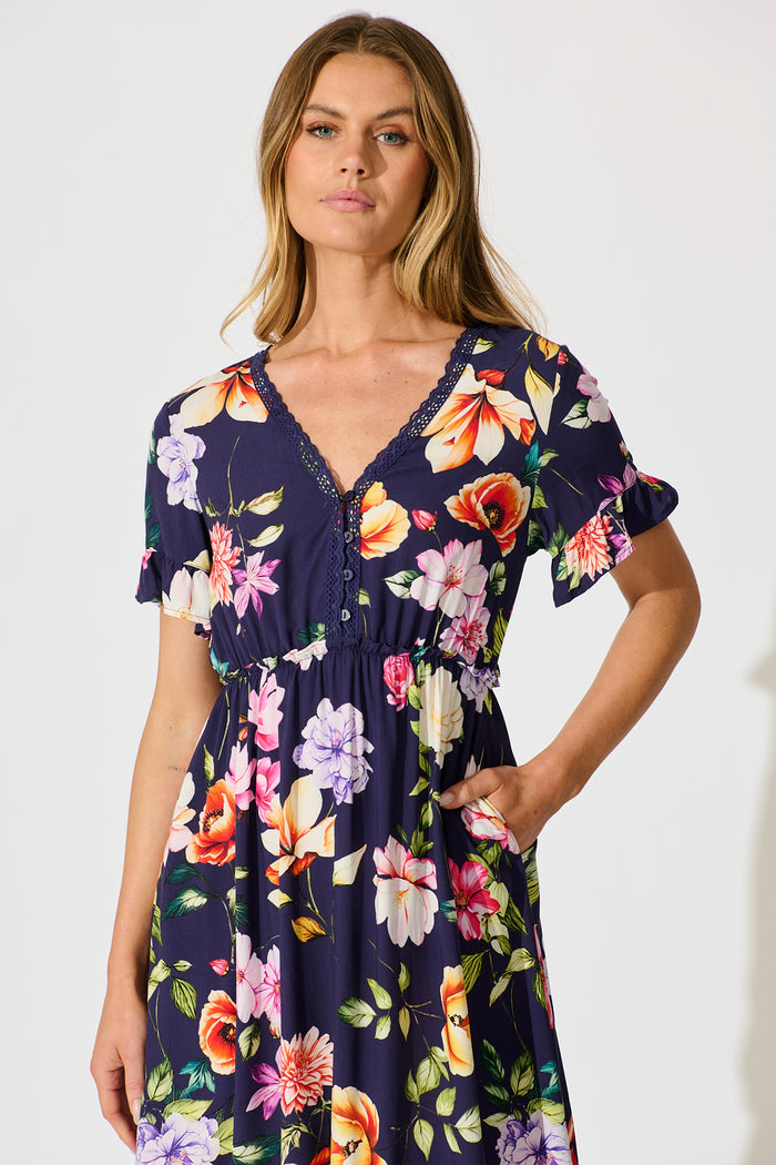 Zyla Midi Dress In Navy Floral front