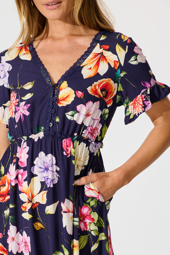 Zyla Midi Dress In Navy Floral detail