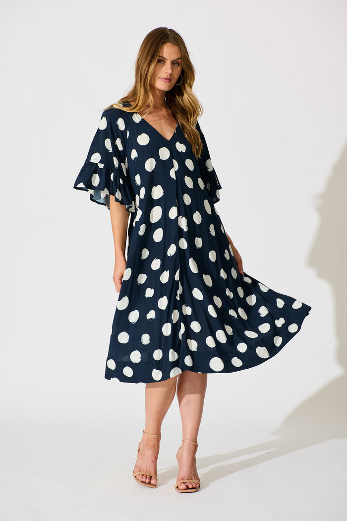 Spot On Dress in Navy with White Spot full length