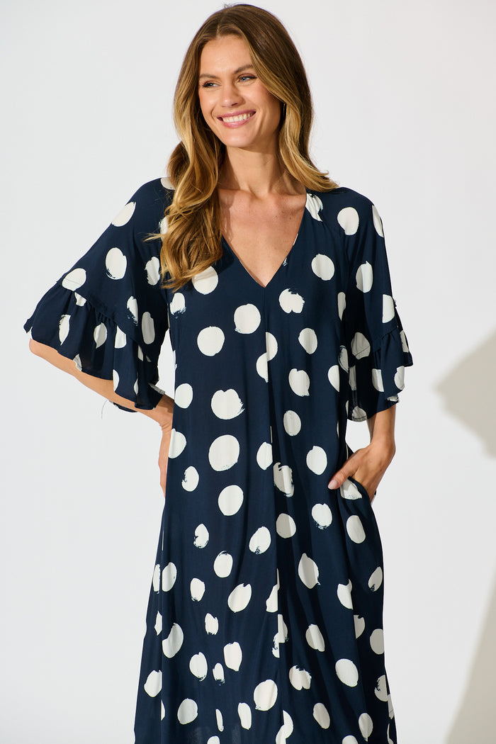 Spot On Dress in Navy with White Spot front