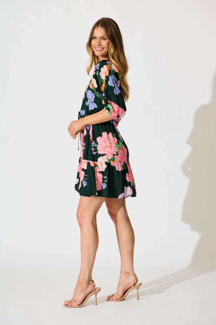 Celeste Petal Dress in Green with Multi Floral side