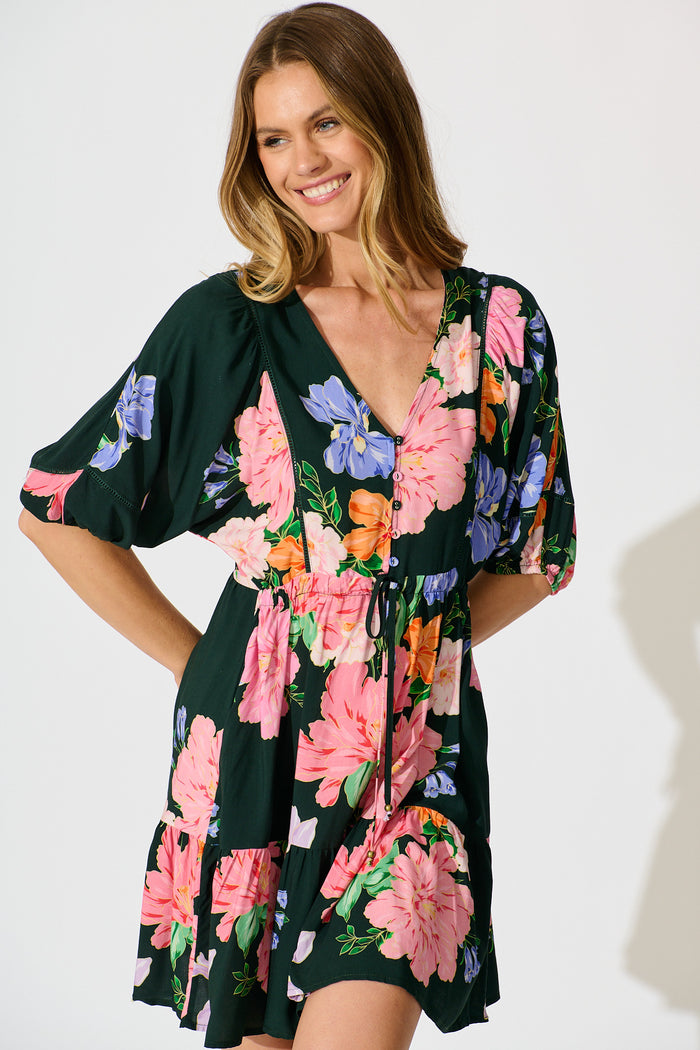 Celeste Petal Dress in Green with Multi Floral front