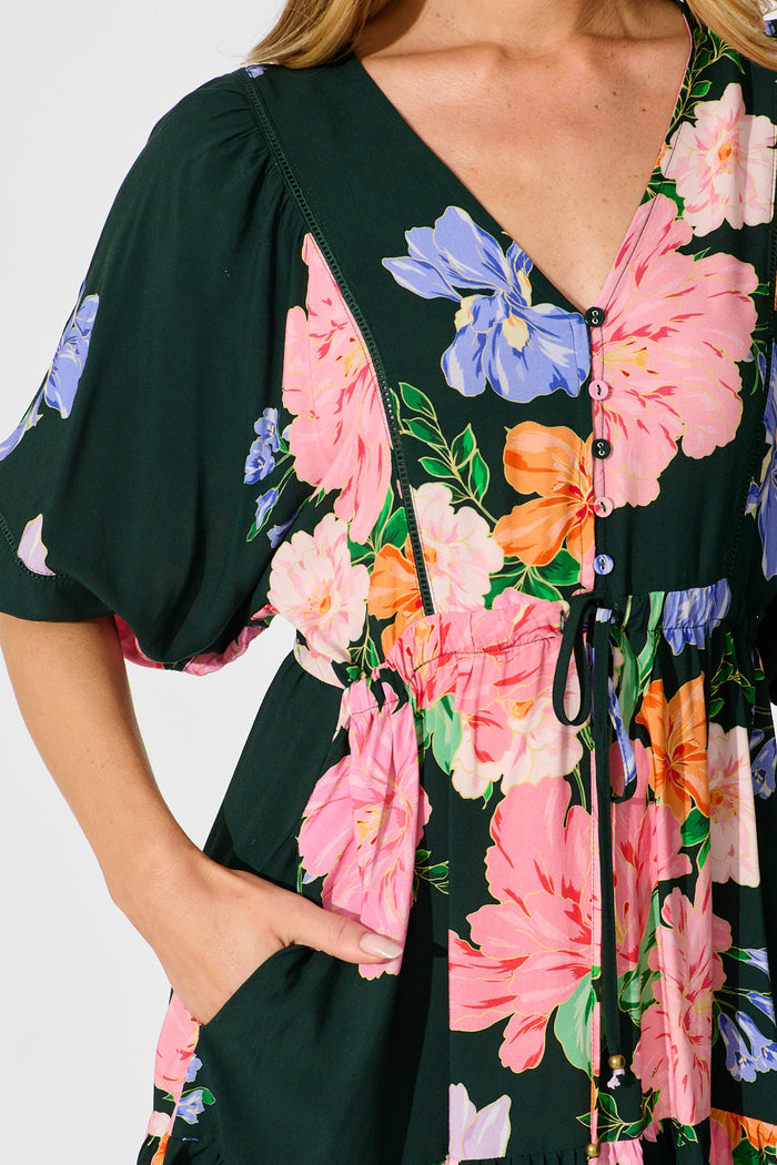 Celeste Petal Dress in Green with Multi Floral detail