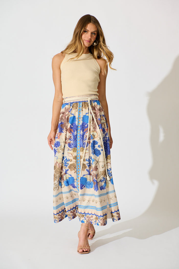Dalton Maxi Skirt in Blue with Multi Floral Placement Cotton Blend full length