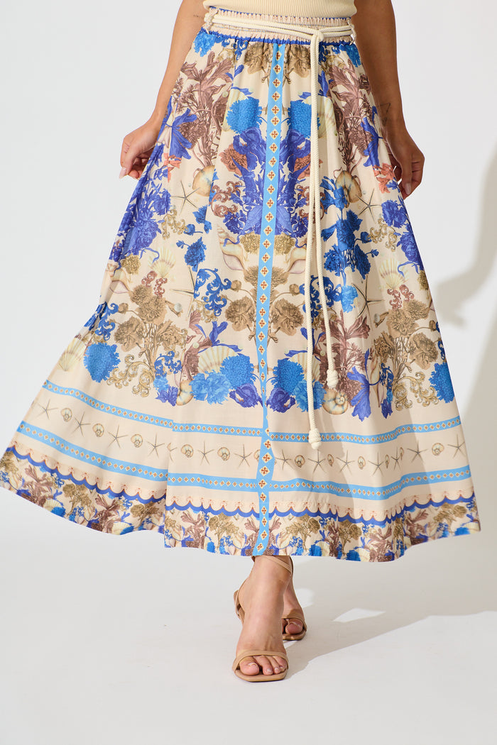 Dalton Maxi Skirt in Blue with Multi Floral Placement Cotton Blend front