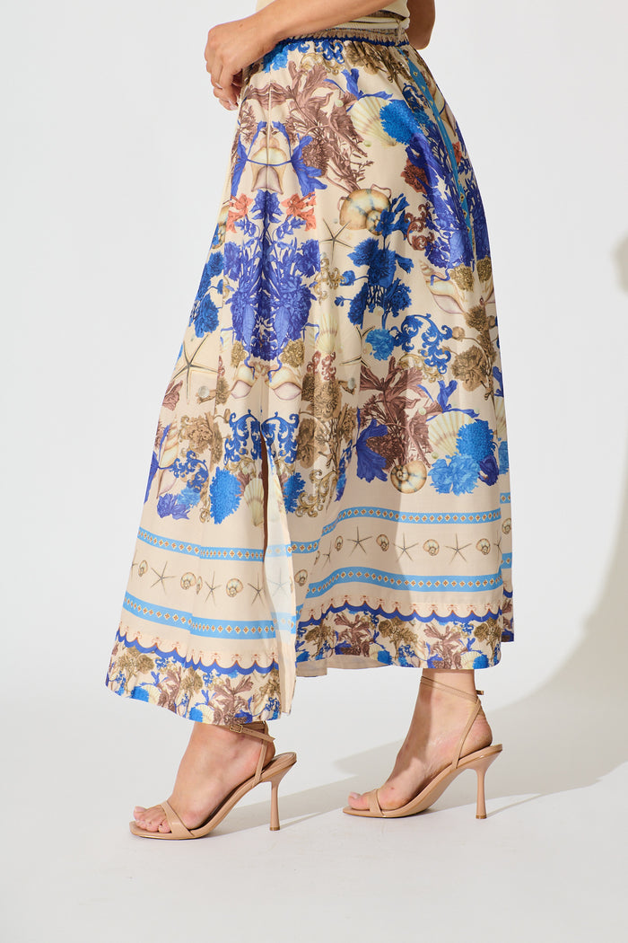 Dalton Maxi Skirt in Blue with Multi Floral Placement Cotton Blend side