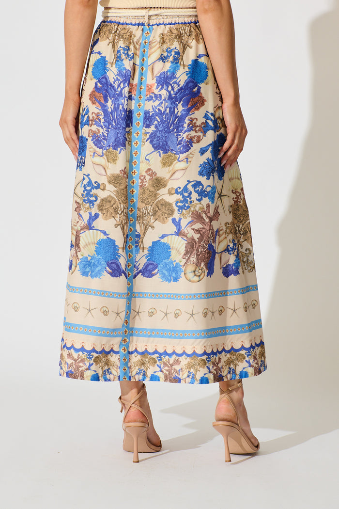 Dalton Maxi Skirt in Blue with Multi Floral Placement Cotton Blend back
