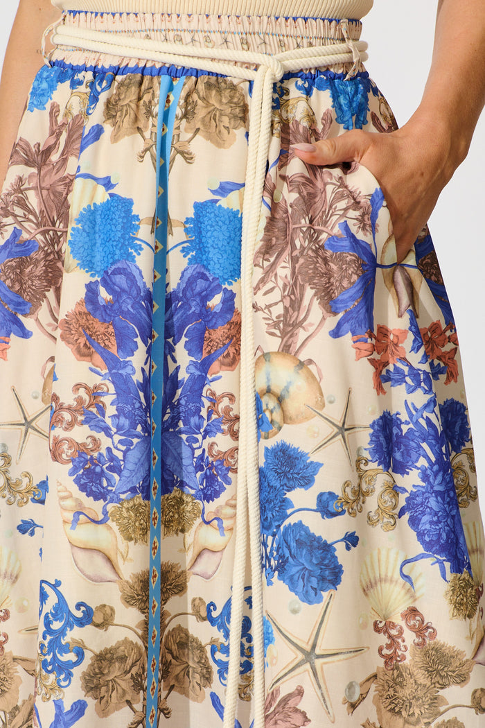 Dalton Maxi Skirt in Blue with Multi Floral Placement Cotton Blend detail