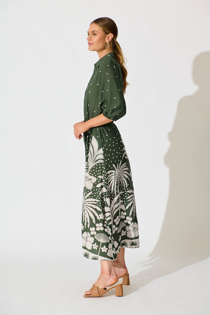 Coco Maxi Shirt Dress in Emerald with White Palm Print side
