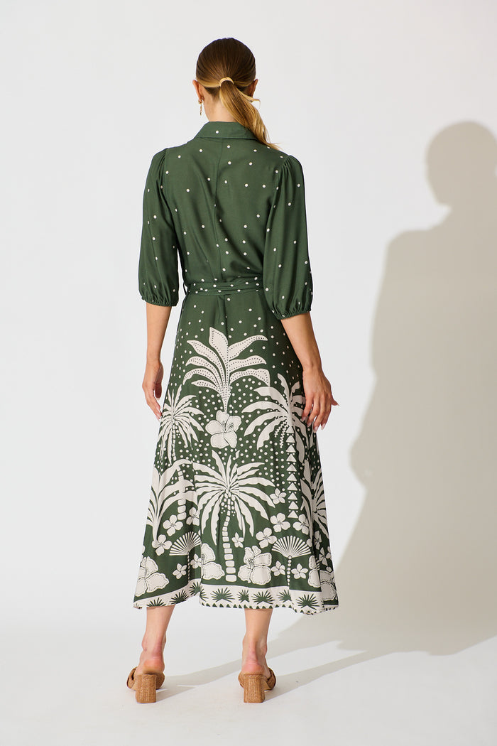 Coco Maxi Shirt Dress in Emerald with White Palm Print back