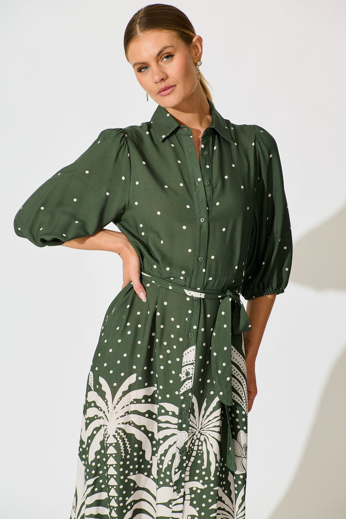Coco Maxi Shirt Dress in Emerald with White Palm Print front