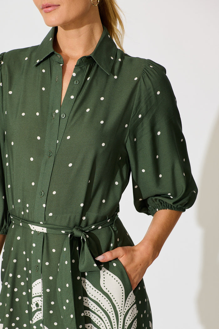 Coco Maxi Shirt Dress in Emerald with White Palm Print detail