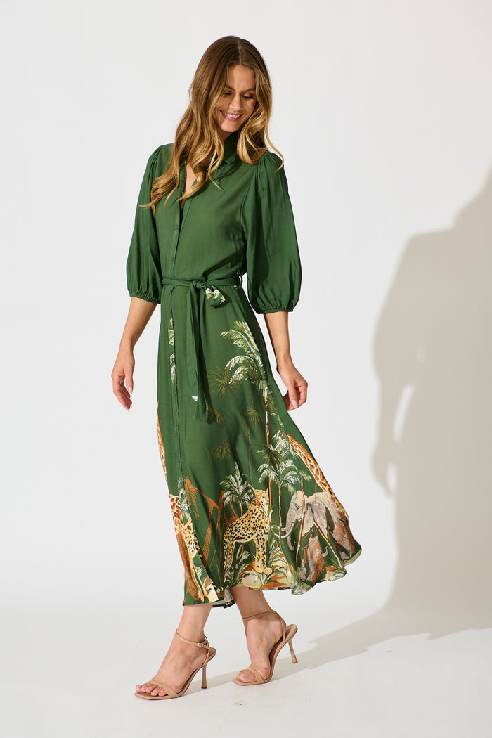 Coco Maxi Shirt Dress in Green Print side